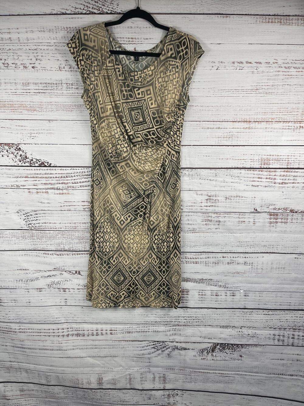 Lafayette 148 New York Dress Women's Size M Beige Black Geometric Sheath Ruched